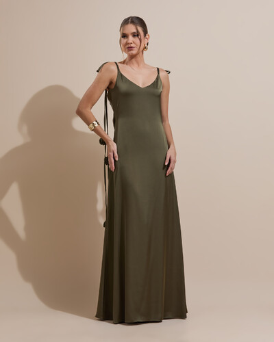 Foto Vestido de Festa Longo Decote Degagê Costas Cetim Flores 3D Alças Verde Oliva