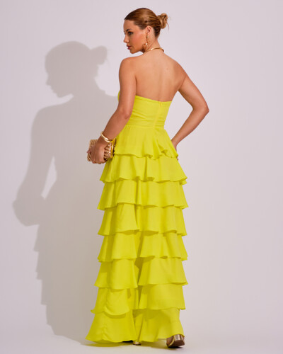 FotoVestido Longo Crepe Chiffon Tomara que Caia Plissado em Camadas Verde Lima