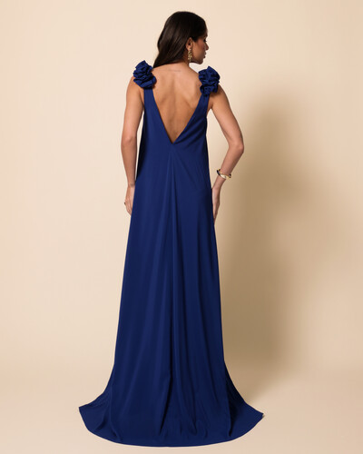 FotoVestido de Festa Longo Crepe Chiffon Fluido Decote em V Flores Azul Marinho