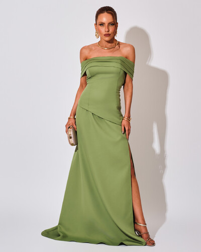 Foto Vestido de Festa Longo Alfaiataria Ombro a Ombro Drapeado com Fenda Verde Matcha