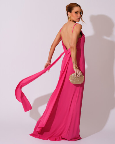 Foto Vestido de Festa Longo Crepe Chiffon Costas Lenço Cauda Pink