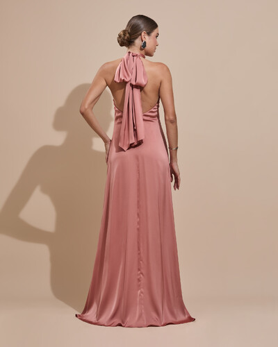 FotoVestido de Festa Gola Alta com Decote nas Costas Acetinado Rosa Blush