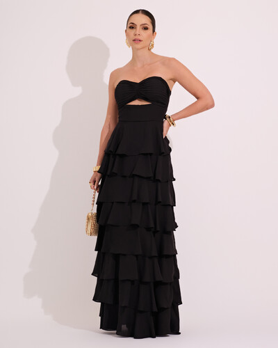 Foto Vestido Longo Crepe Chiffon Tomara que Caia Plissado em Camadas Preto