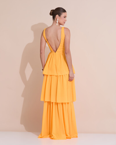 Foto Vestido de Festa Longo Decote V Crepe Chiffon Plissado Camadas Babado Laranja Manga New