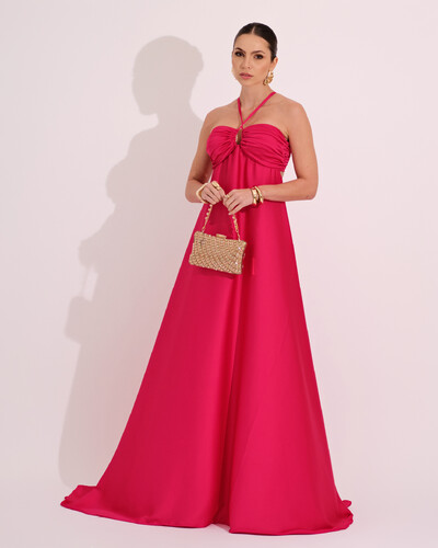 Foto Vestido de Festa Longo Cetim Fluido Frente Única Costa Cruzada Pink