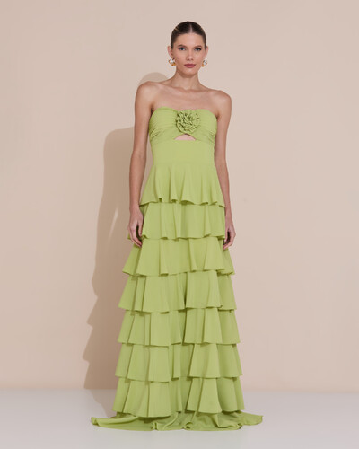 Foto Vestido de Festa Longo Crepe Chiffon Tomara que Caia Plissado Flor Camadas Verde Claro