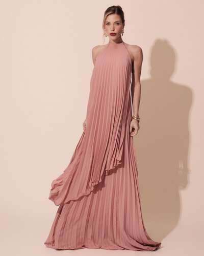 Foto Vestidos de Festa Longo Chiffon Fluido Frente Única Plissado Duplo Rose