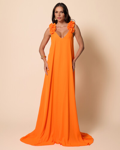 Foto Vestido de Festa Longo Crepe Chiffon Fluido Decote em V Flores Laranja