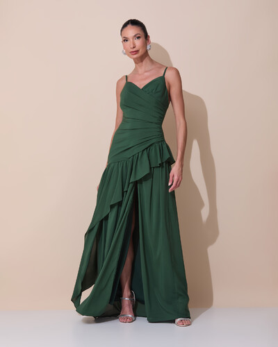 Foto Vestido de Festa Longo Decote Drapeado Crepe Chiffon Fenda Babado Camadas Verde Escuro New