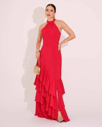 Foto Vestido de Festa Longo Decote Halter com Babados Vermelho