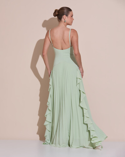 Foto Vestido de Festa Longo Crepe Chiffon Alça Fina Saia Plissada com Babado Cascata Verde Menta New