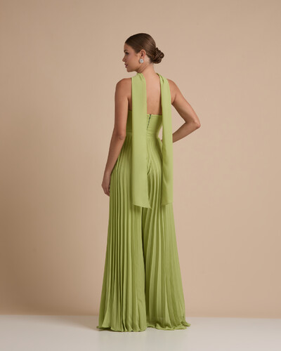 FotoMacacão de Festa Longo Crepe Chiffon Tomara que Caia Plissado com Lenço Verde Garden