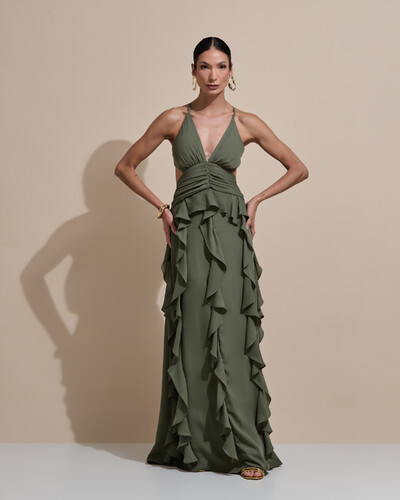 Foto Vestido de Festa Longo Decote V Recortes Drapeado Crepe Chiffon Babados Cascata Verde Oliva