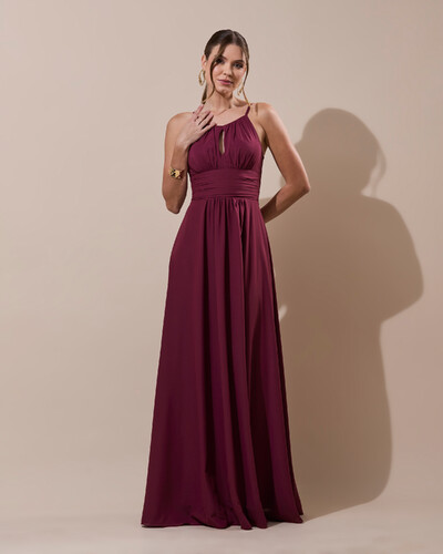 Foto Vestido de Festa Longo Crepe Chiffon Drapeado com Alças e Saia Fluida Marsala