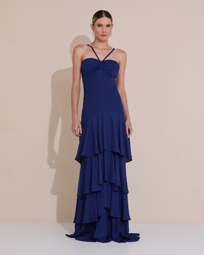 Foto Vestido Longo Crepe com Babado em Camadas Azul Marinho