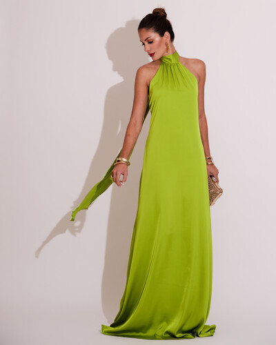 Foto Vestido de Festa Gola Alta com Decote nas Costas Acetinado Verde Lima Escuro