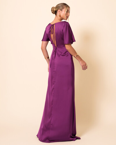 FotoVestido de Festa Longo Cetim Fluido Manga Curta Drapeado Roxo