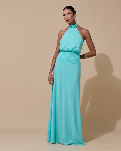 Foto Vestido de Festa Longo Frente Única Busto Blousê Crepe Chiffon Drapeado Tiffany