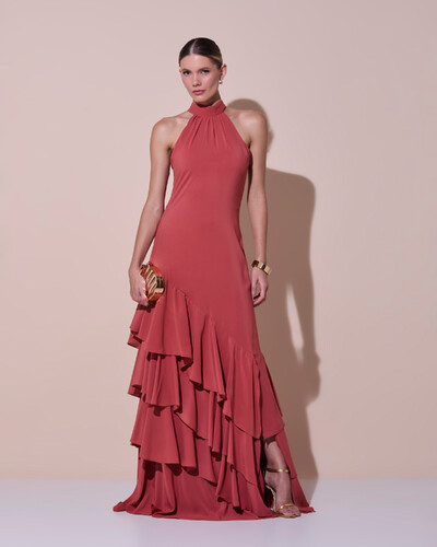Foto Vestido de Festa Longo Chiffon Crepe Gola Alta Babados Terracota