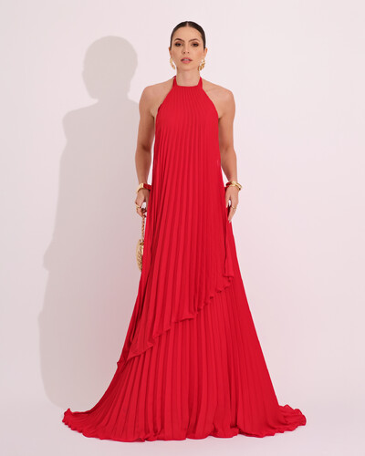 Foto Vestidos de Festa Longo Chiffon Fluido Frente Única Plissado Duplo Vermelho