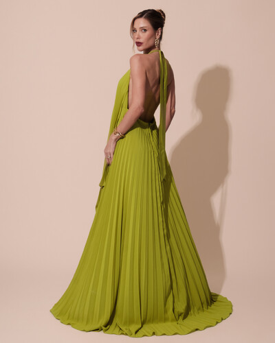 FotoVestidos de Festa Longo Chiffon Fluido Frente Única Plissado Duplo Verde Pistache
