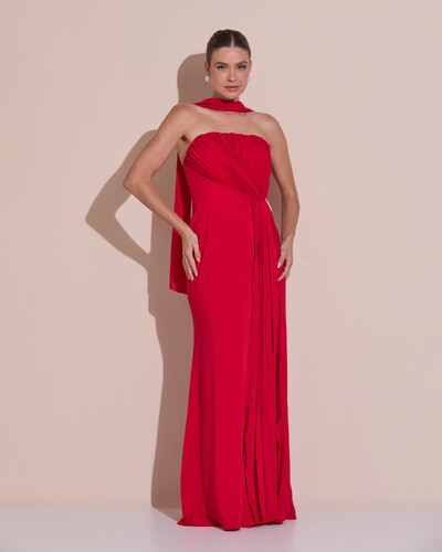 Foto Vestido de Festa Longo Tomara Que Caia Crepe Chiffon Plissado Lenço Vermelho
