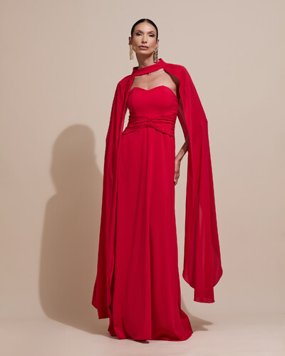 Foto Vestido de Festa Longo Tomara Que Caia Crepe Chiffon Drapeado Capa Vermelho