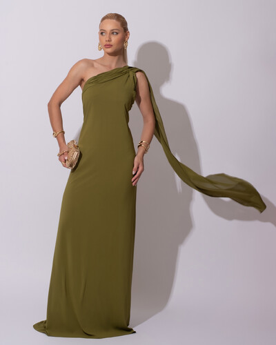 Foto Vestido de Festa Longo Crepe Chiffon Um Ombro Só Drapeado Lenço Fixo Verde Oliva