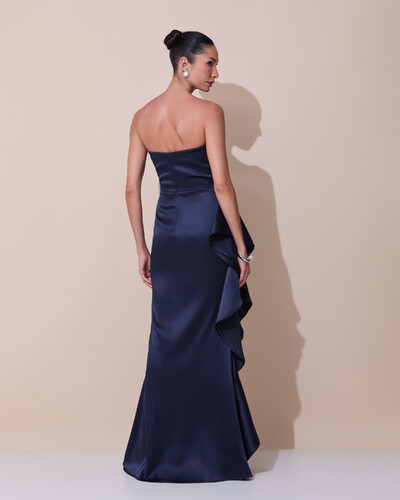 Foto Vestido de Festa Longo Tomara que Caia Cetim Babado Fenda Azul Marinho Escuro