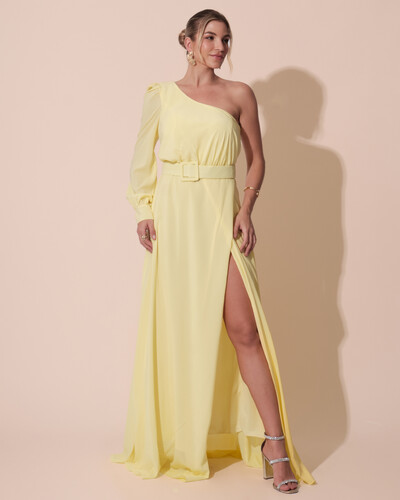Foto Vestido de Festa Longo um Ombro Só Manga Longa com Cinto Amarelo Manteiga