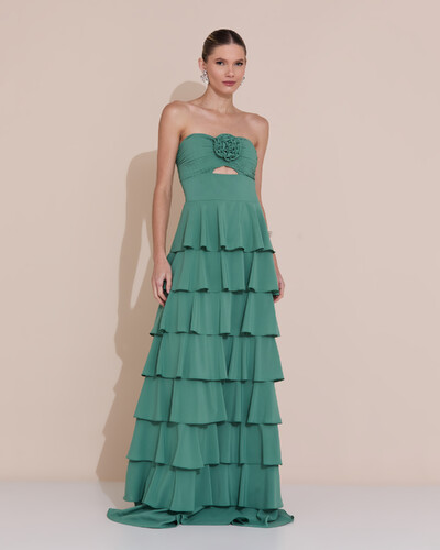 Foto Vestido de Festa Longo Crepe Chiffon Tomara que Caia Plissado Flor Camadas Verde Matcha Escuro