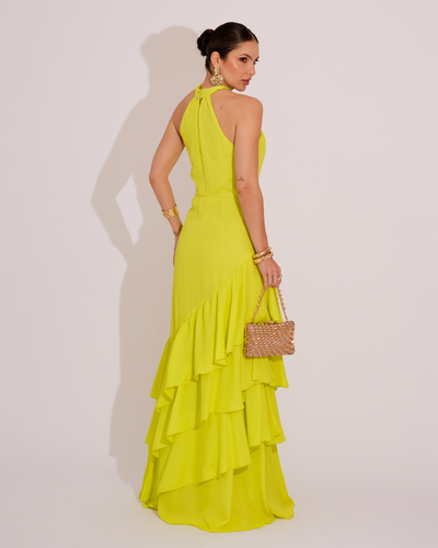 FotoVestido de Festa Longo Decote Halter com Babados Verde Lima
