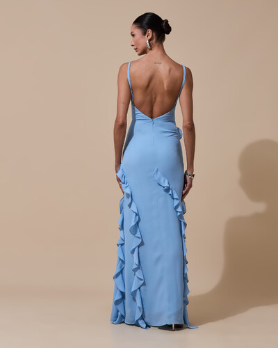 Foto Vestido de Festa Longo Alças Finas Crepe Chiffon Babado Cascata Fenda Costas V Azul Serenity