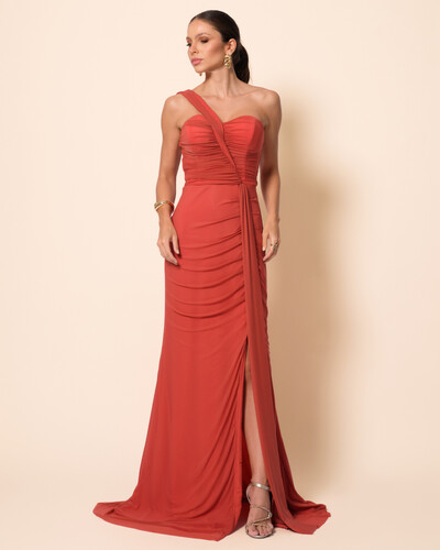 Foto Vestido de Festa Longo Tule Tomara que Caia Faixa Detalhe Drapeado e Fenda Terracota