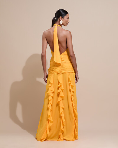Foto Vestido de Festa Longo Frente Única Crepe Chiffon Drapeado Babados Cascata Laranja Manga New