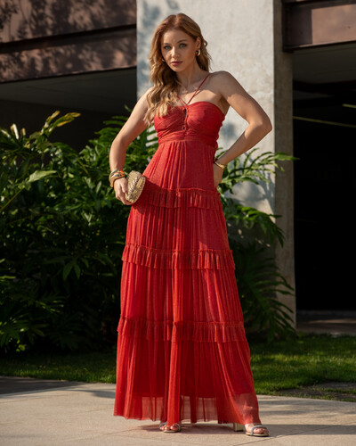 Foto Vestido de Festa Longo Tule com Saia Babado Terracota
