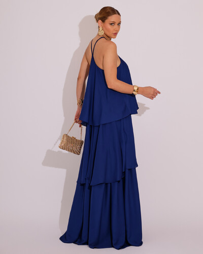 FotoVestido Longo Babado em Camada Azul Marinho