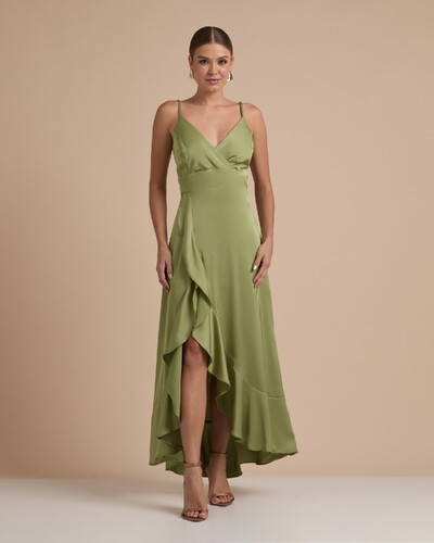 Foto Vestido Midi Babado Acetinado Verde Pistache
