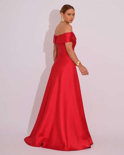 FotoVestido de Festa Longo Ombro a Ombro Laço Zibeline com Fenda Vermelho