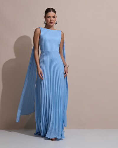 Foto Vestido de Festa Longo Crepe Chiffon Plissado com Lenço nas Alças Serenity