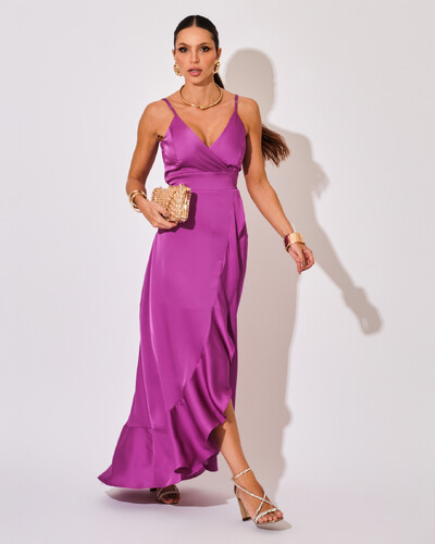 Foto Vestido Midi Babado Acetinado Fúcsia