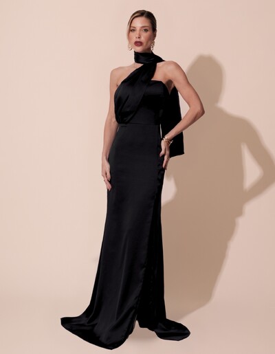 Foto Vestido de Festa Longo Cetim Alfaiataria Tomara que Caia com Faixa Lenço Preto