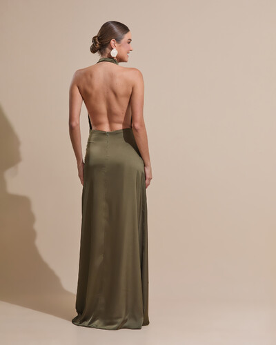 FotoVestido de Festa Longo Cetim Frente Única Degagê com Faixa Drapeada Verde Oliva