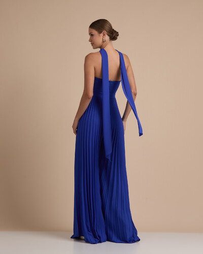 FotoMacacão de Festa Longo Crepe Chiffon Tomara que Caia Plissado com Lenço Azul Royal