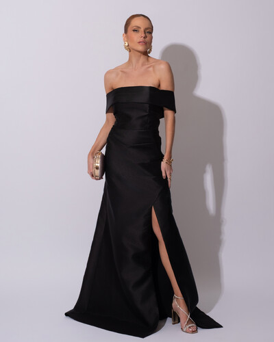 Foto Vestido de Festa Longo Zibeline Ombro a Ombro Drapeado e Fenda Preto