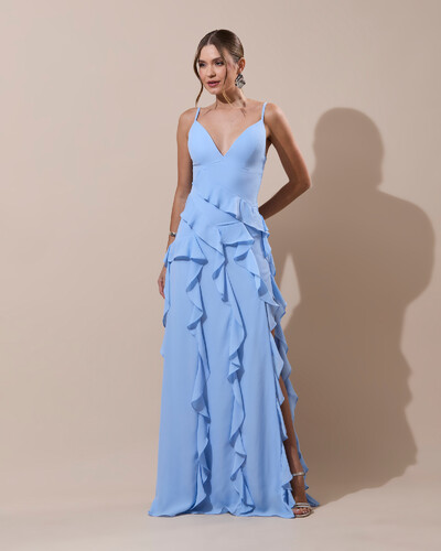 Foto Vestido de Festa Longo Decote V Crepe Chiffon Babados Cascata e Fenda Serenity