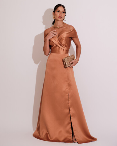 Foto Vestido de Festa Longo Zibeline Ombro a Ombro com Fenda Mocha Mousse