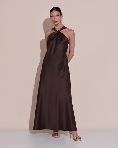 Foto Vestido de Festa Midi Frente Única Cetim Marrom