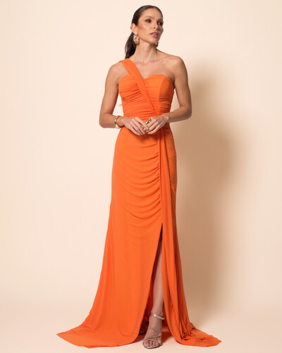 Foto Vestido de Festa Longo Tule Tomara que Caia Faixa Detalhe Drapeado e Fenda Laranja