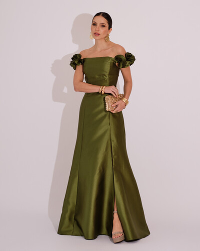 Foto Vestido Longo de Festa Zibeline Ombro a Ombro com Flores e Fenda Verde Oliva